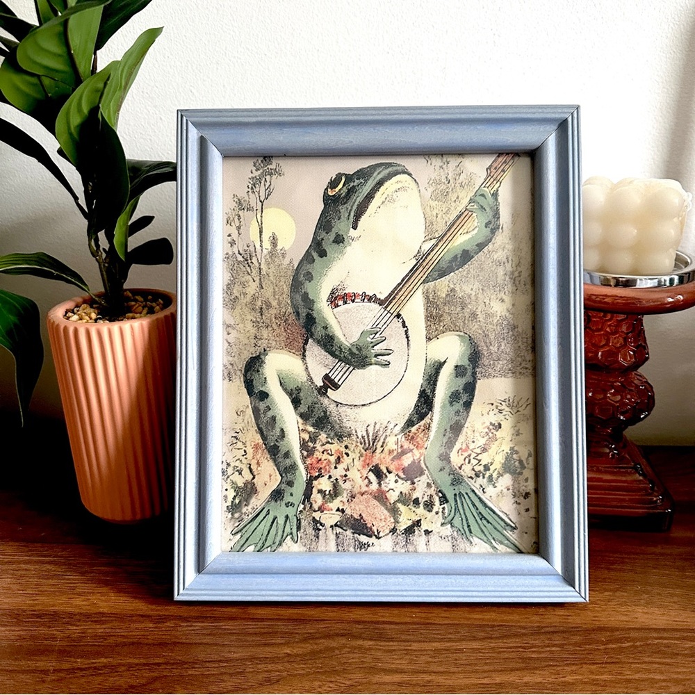 Frog Playing the Banjo in Moonlight Vintage Style Canvas Print Blue Frame Art